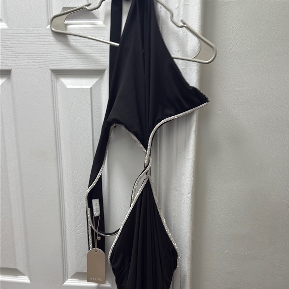 Black MESHKI dress with Silver Trim